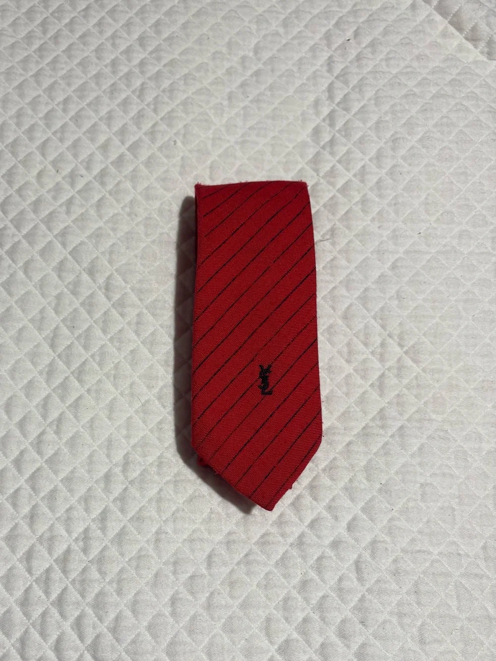 Yves Saint Laurent Vintage Red Pinstripe Silk Tie with YSL Embroidery